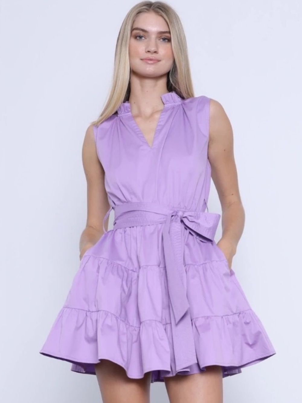 Karina Grimaldi Trina Tiered Belted Mini Dress in Lavender XS